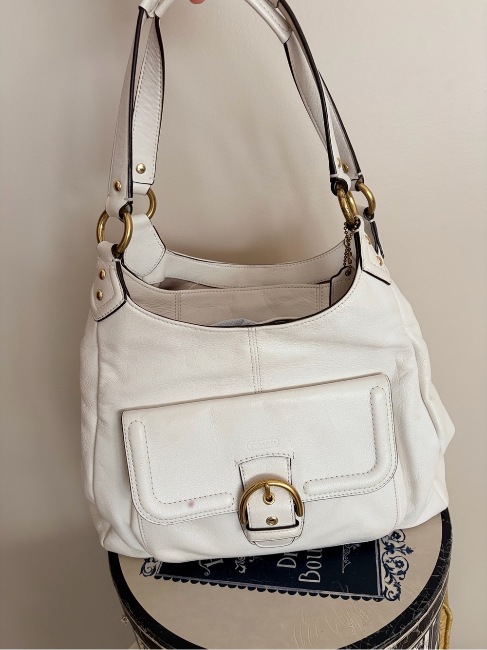 Coach White Leather Shoulder Bag with Brass Hardware